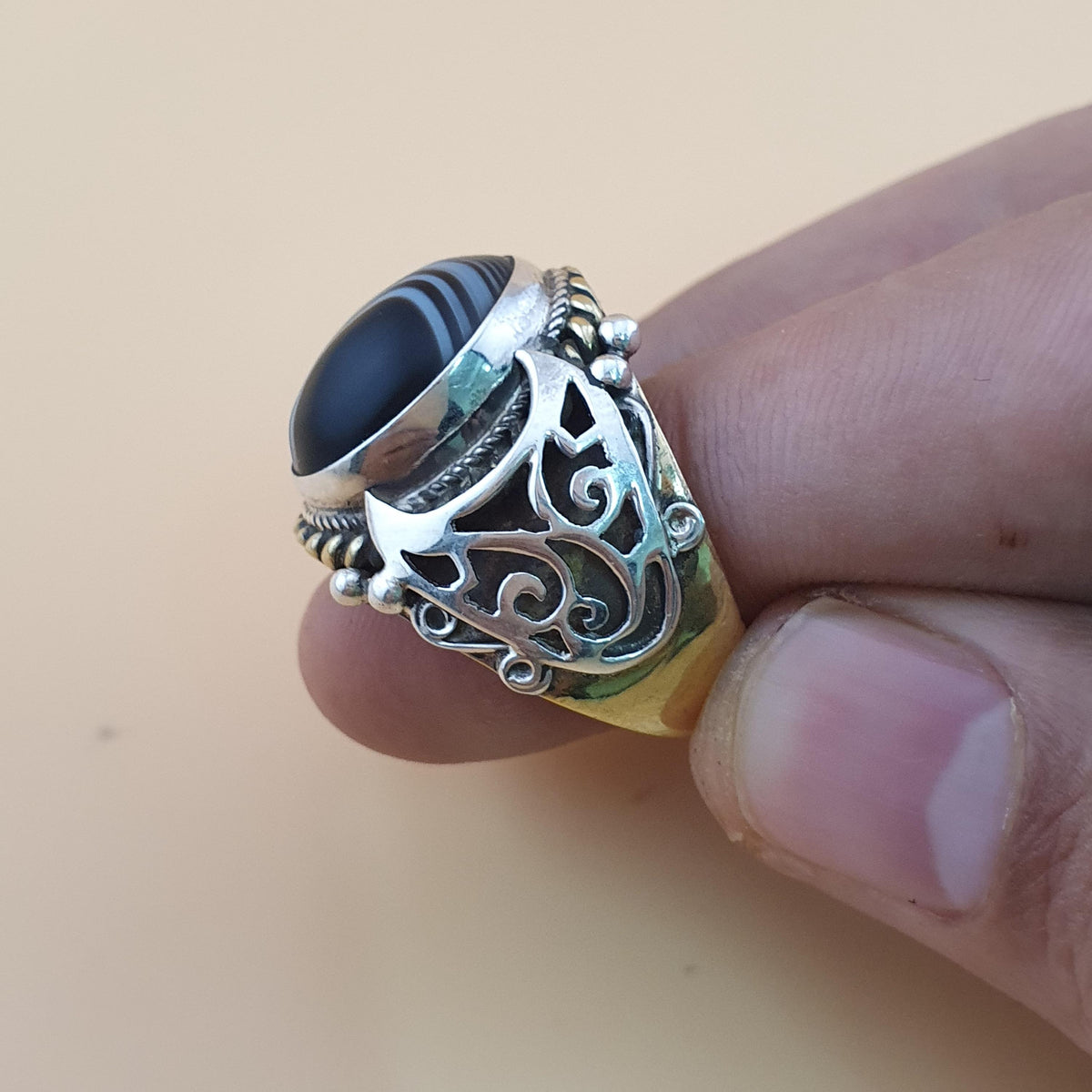 Vintage Messing- & Suliemani-Augen-Achatring mit Silbereinlage