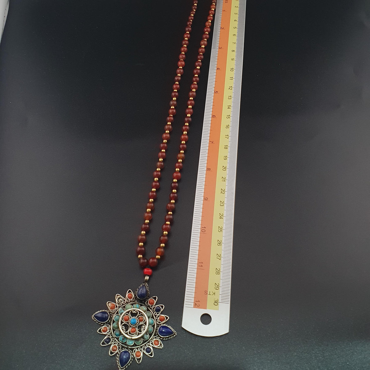 Antique Style Brass & Lapislazuli,Coral,Turqouise Pendant with Carnelian Beads Necklace