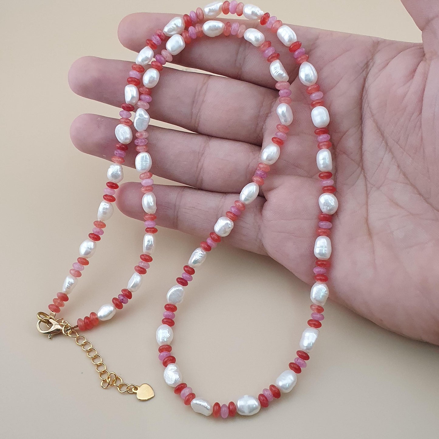 Natural Pearl & Rose Quartz Necklace Elegant 22 Design