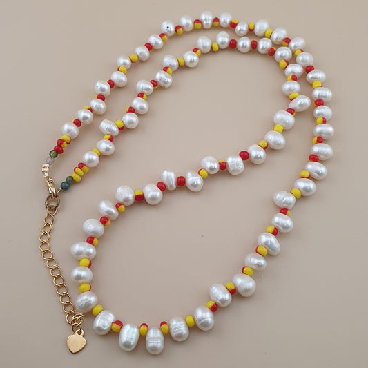 Natural Freshwater Pearl & Red Yellow Glass Beads Necklace