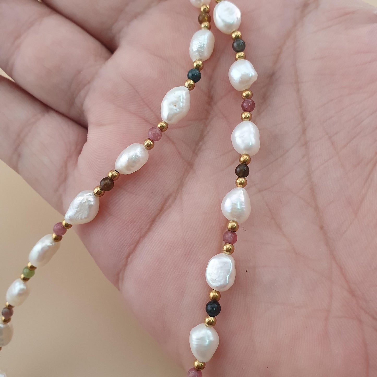 Freshwater Pearls with Tourmaline Gemstone Beads Necklace