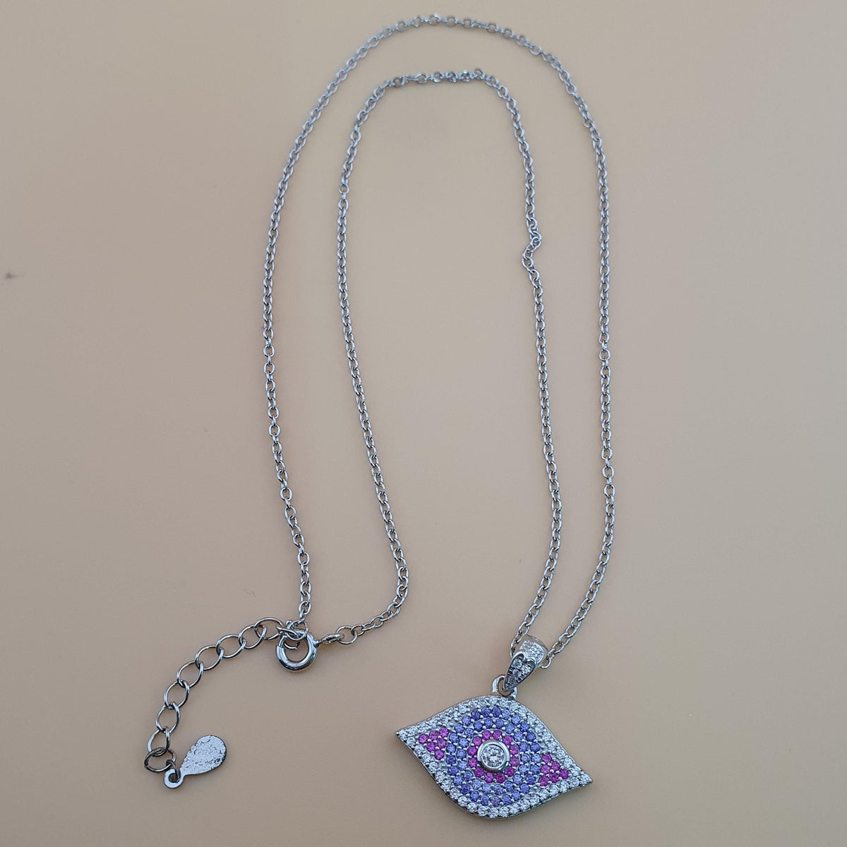 Sterling Silver Evil Eye Necklace: Purple & White CZ Charm