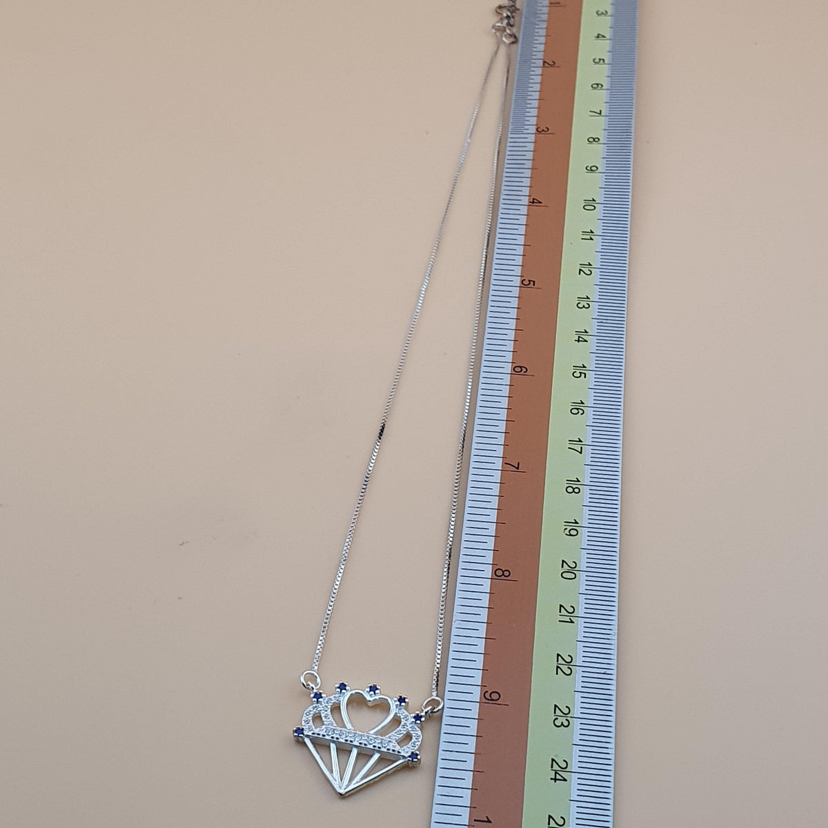 Sterling Silver Heart Crown Necklace with Blue & White CZ