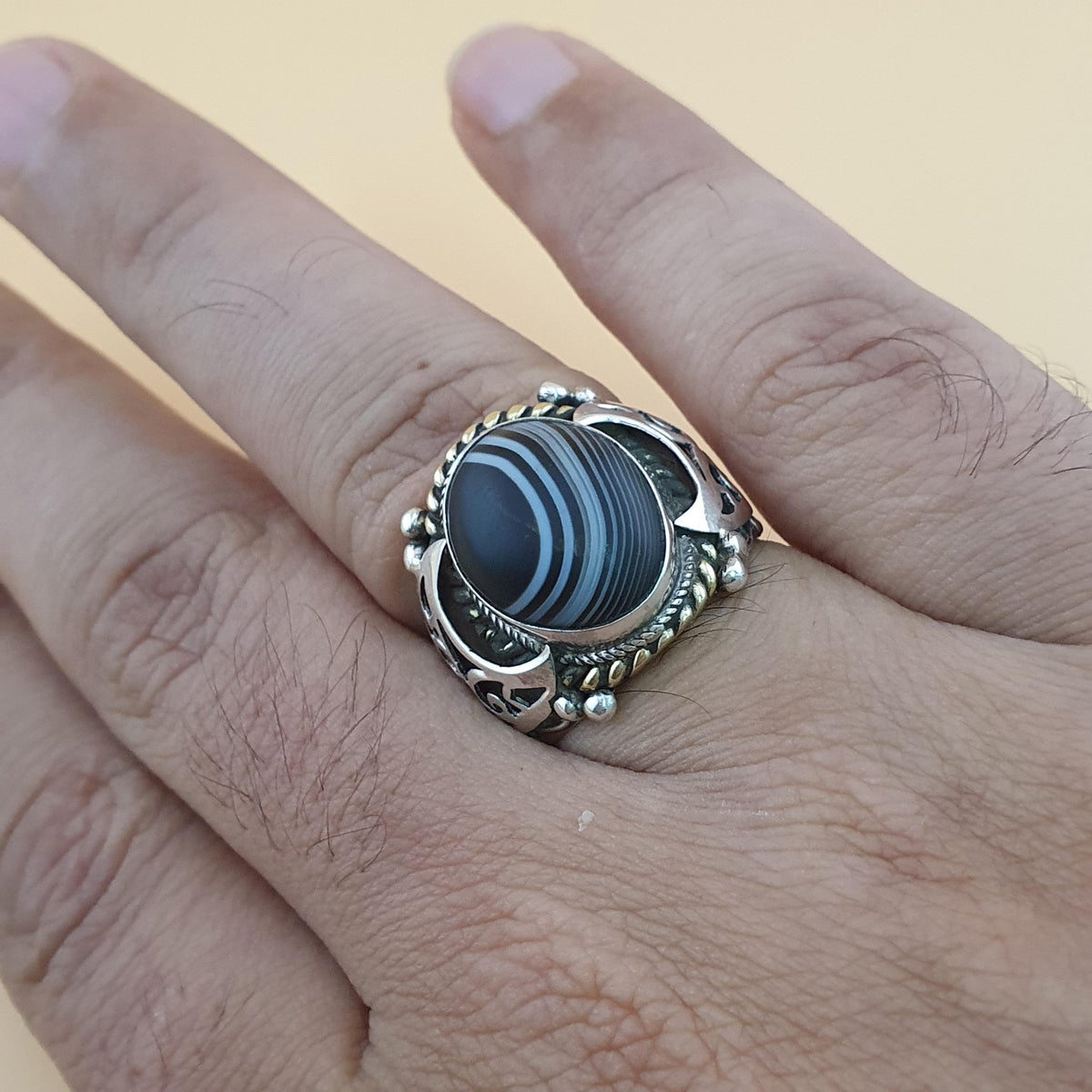 Vintage Messing- & Suliemani-Augen-Achatring mit Silbereinlage