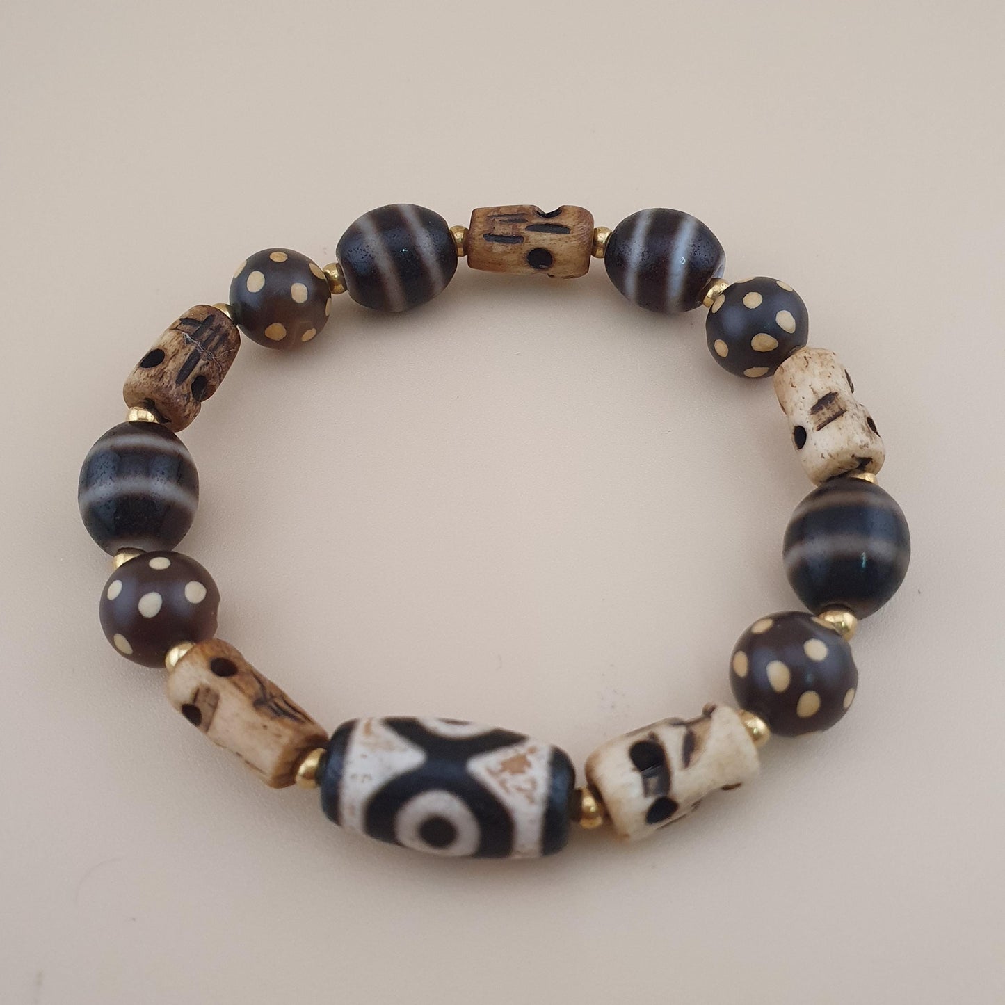 Vintage Himalayan Dzi Bracelet Two Eyes Agate & Striped Agate Beads