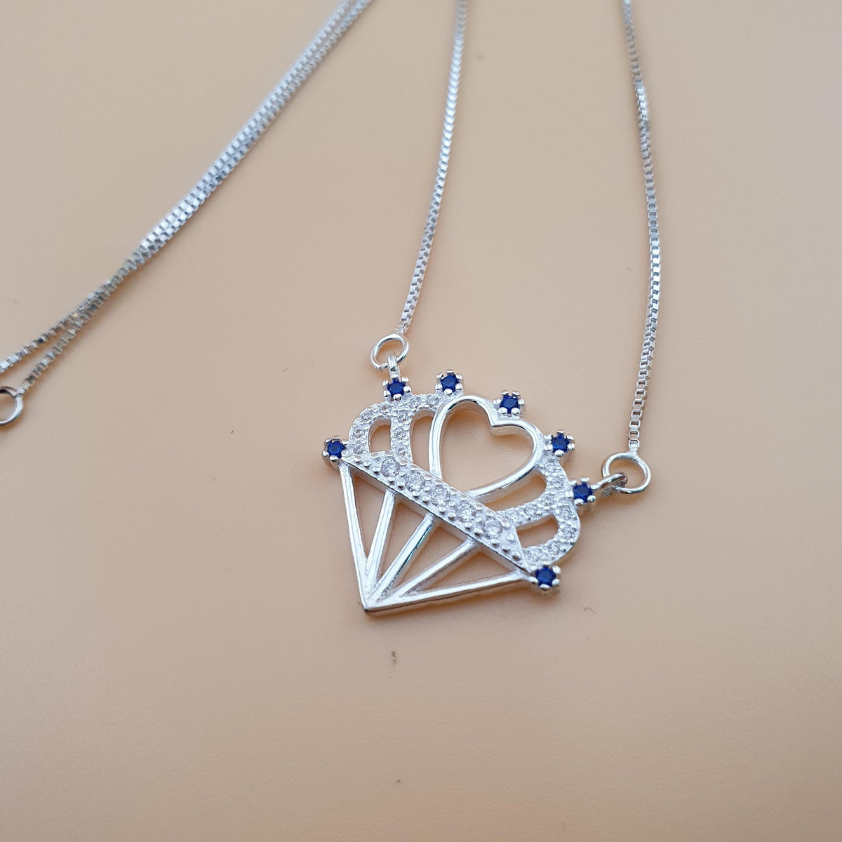 Sterling Silver Heart Crown Necklace with Blue & White CZ
