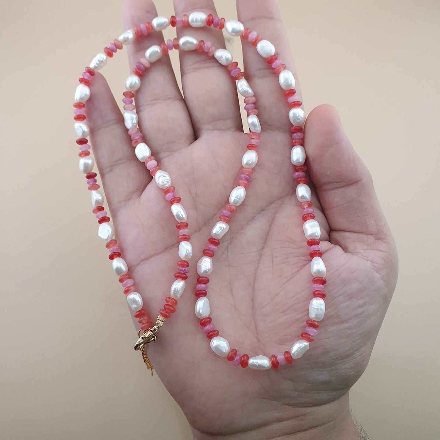 Natural Pearl & Rose Quartz Necklace Elegant 22 Design