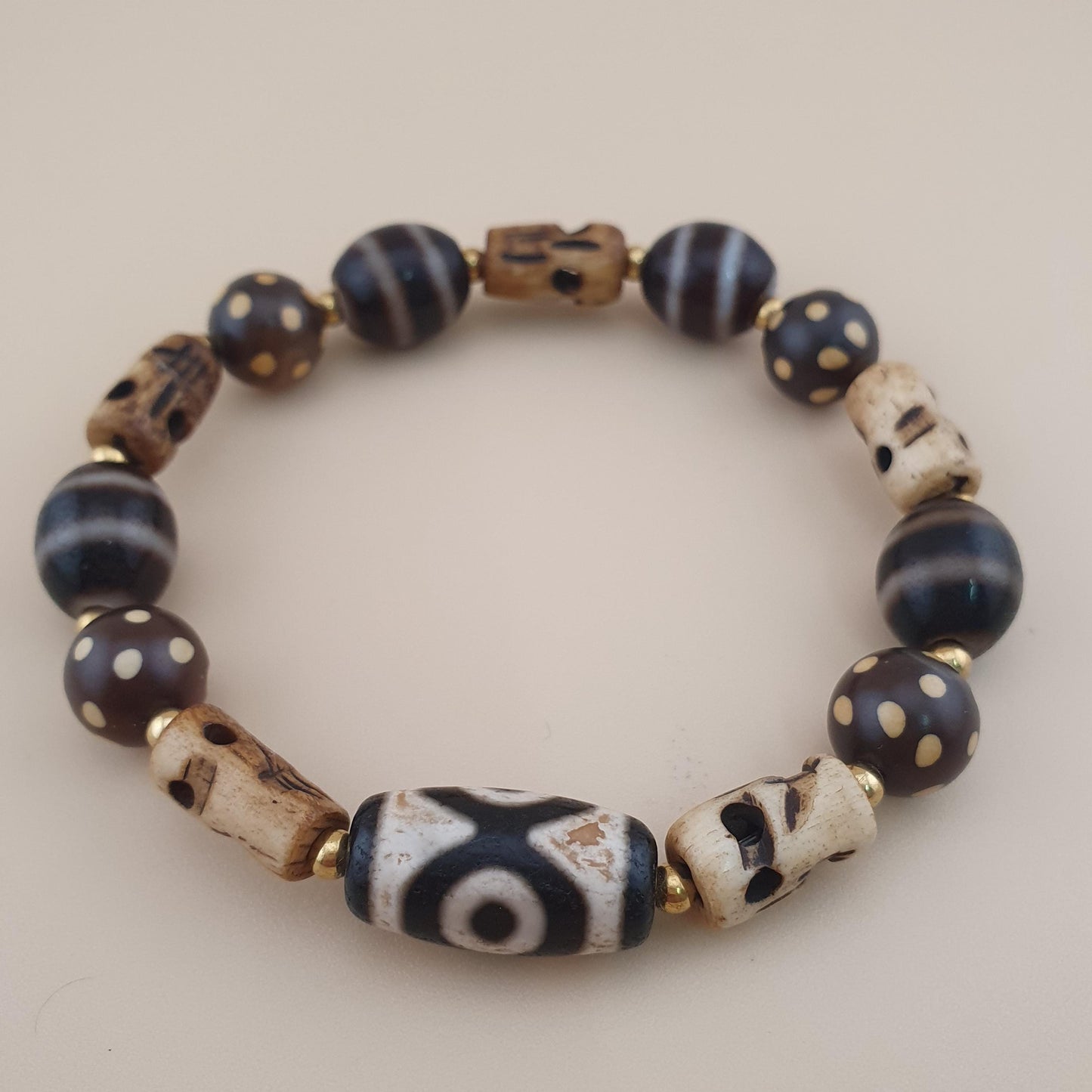 Vintage Himalayan Dzi Bracelet Two Eyes Agate & Striped Agate Beads