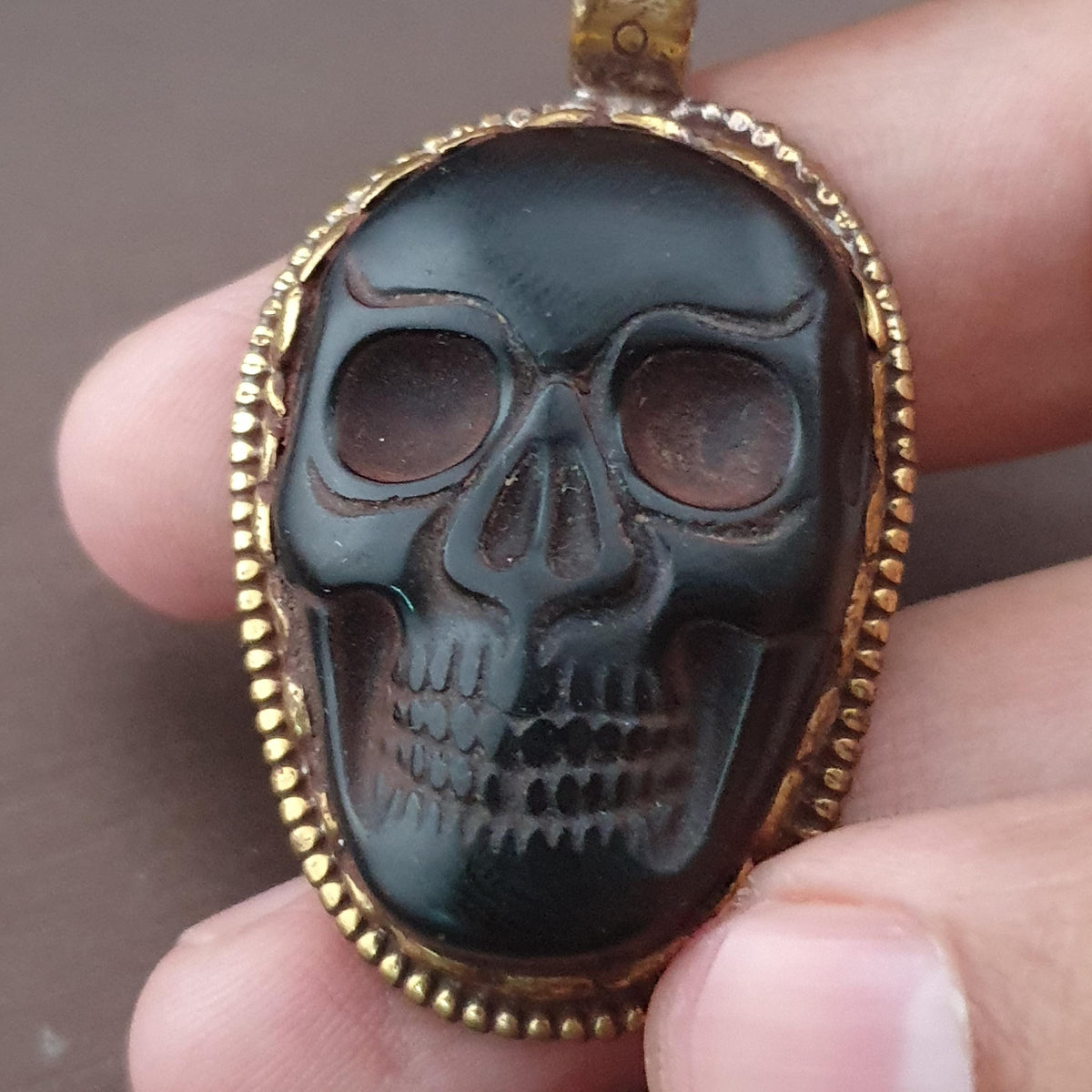 Vintage Gold Plated brass Floral Desgin &carved Skull shape Jade Pendant