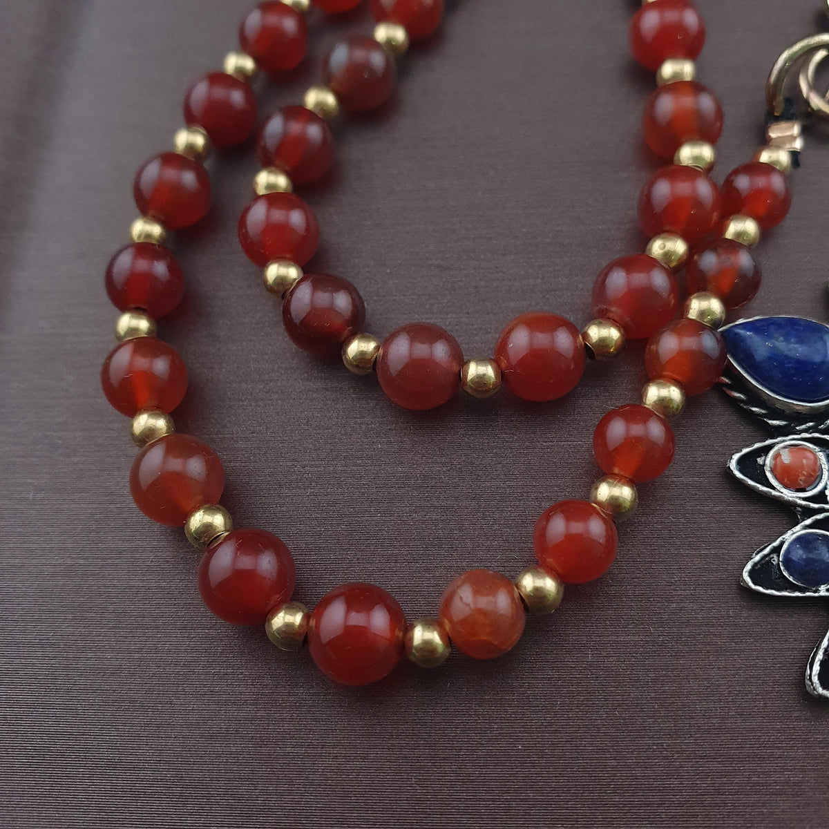 Antique Style Brass & Lapislazuli,Coral,Turqouise Pendant with Carnelian Beads Necklace