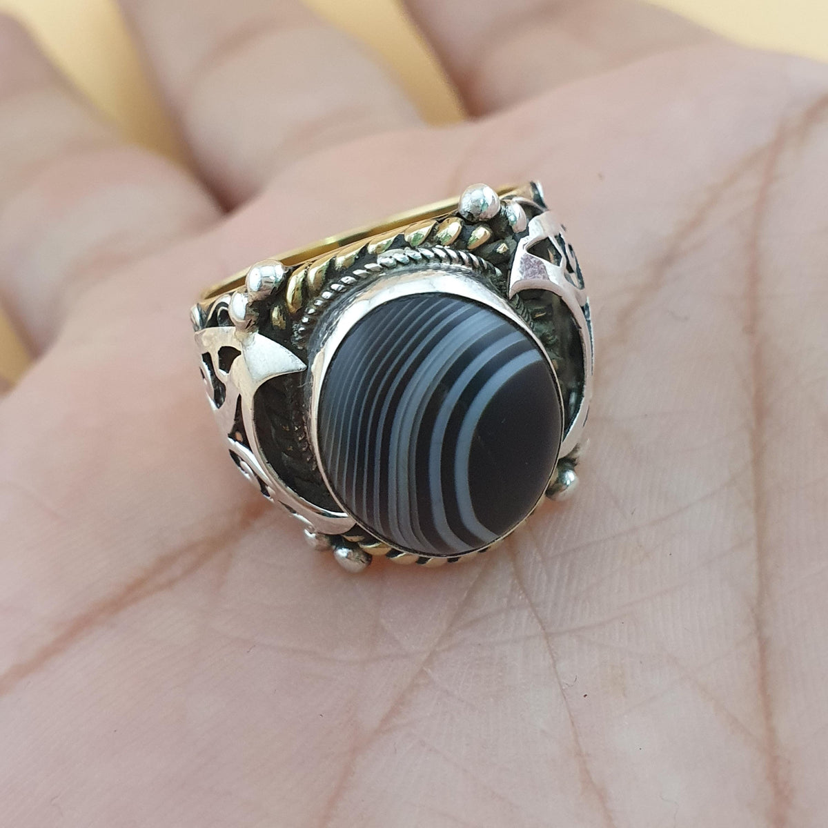 Vintage Messing- & Suliemani-Augen-Achatring mit Silbereinlage