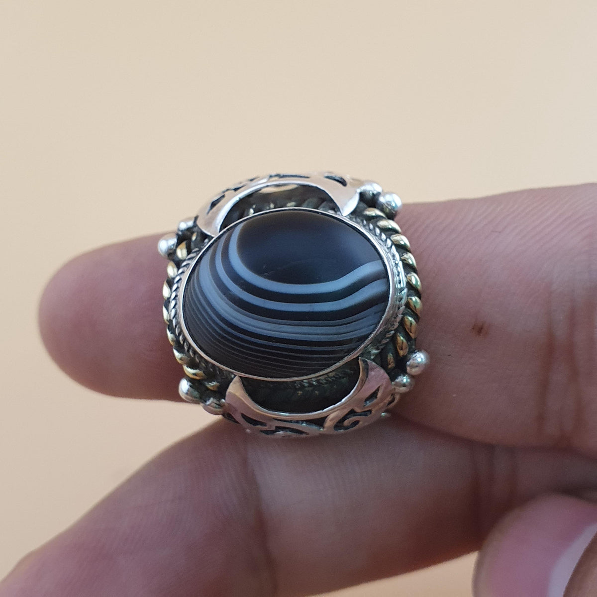 Vintage Messing- & Suliemani-Augen-Achatring mit Silbereinlage