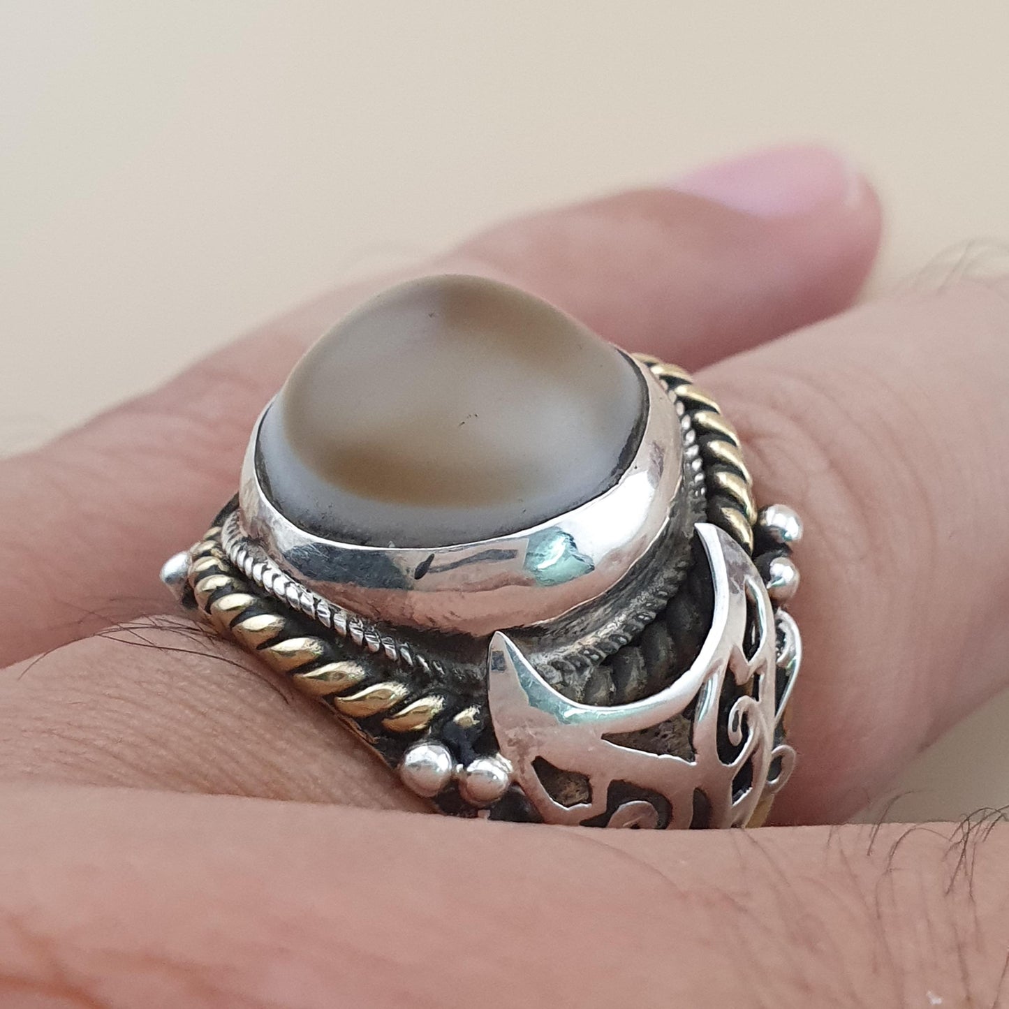 Antiker Sulemani Achatring Vintage Messing- & Silbereinlage Design