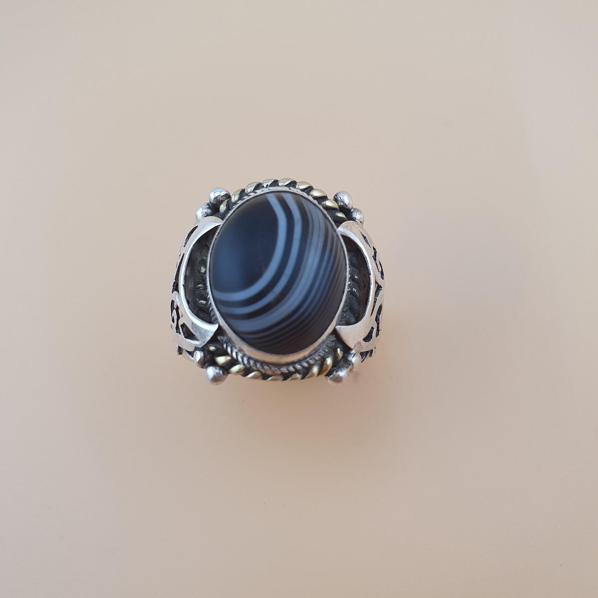 Vintage Messing- & Suliemani-Augen-Achatring mit Silbereinlage