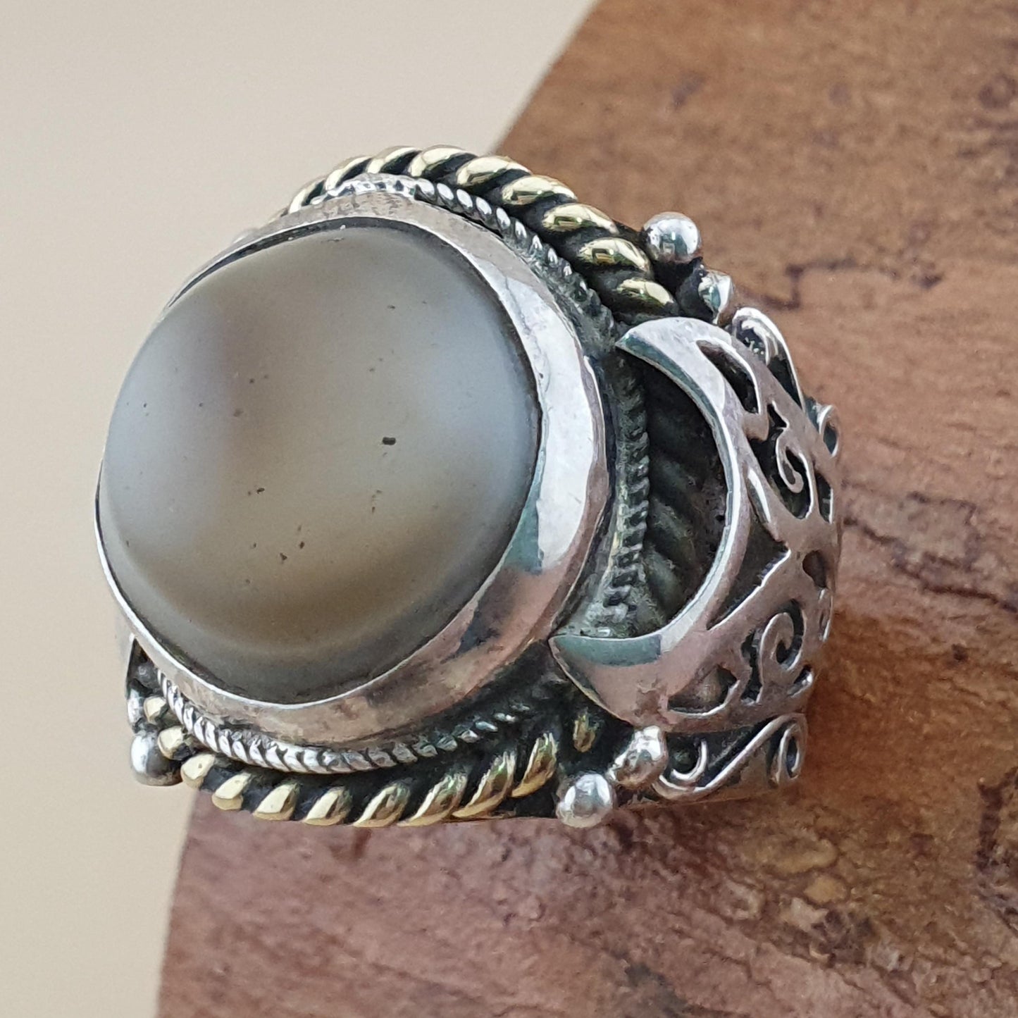Antiker Sulemani Achatring Vintage Messing- & Silbereinlage Design