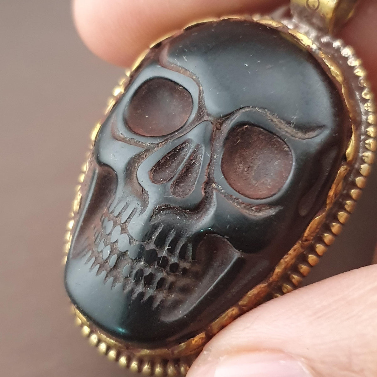 Vintage Gold Plated brass Floral Desgin &carved Skull shape Jade Pendant